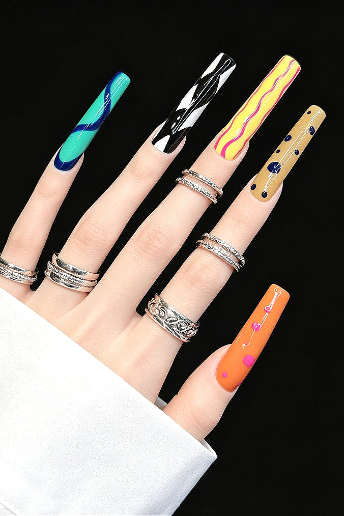 Retro Graffiti Stripe Polka Dot Press On Nails