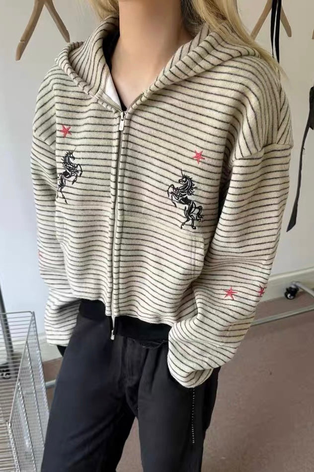 Horse Motif Star Striped Hoodies