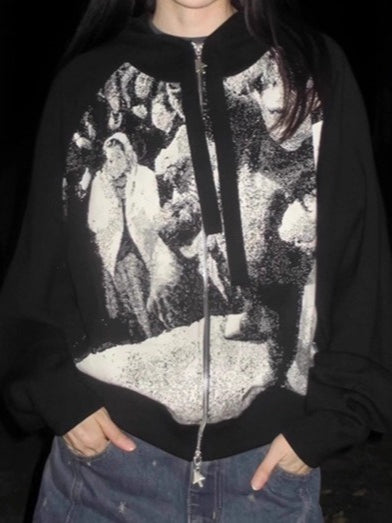 Black White Retro Zip Up Loose Hoodie Main image