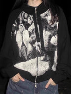 Black White Retro Zip Up Loose Hoodie