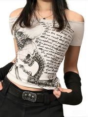 Y2K Gothic Off Shoulder Skull Print Crop Top