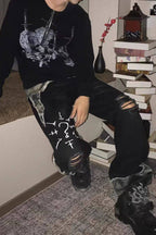 Camo Panel Distressed Flare Jeans
