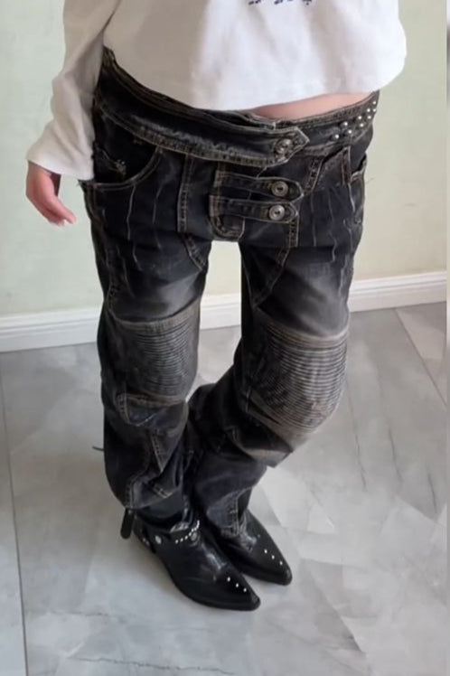 Layered Panel Washed Straight Leg Jeans