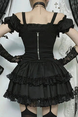 Black Ruffled Tiered Puff Sleeve Gothic Lolita Mini Dress