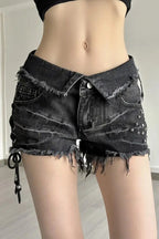 Lace Up Skinny Distressed Denim Shorts
