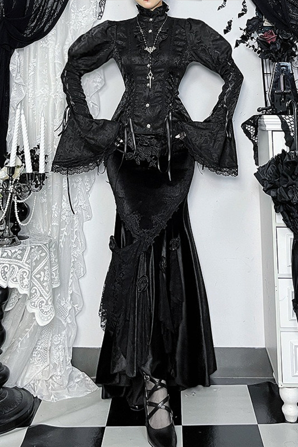 Gothic Bell Sleeve Fitted Blouse