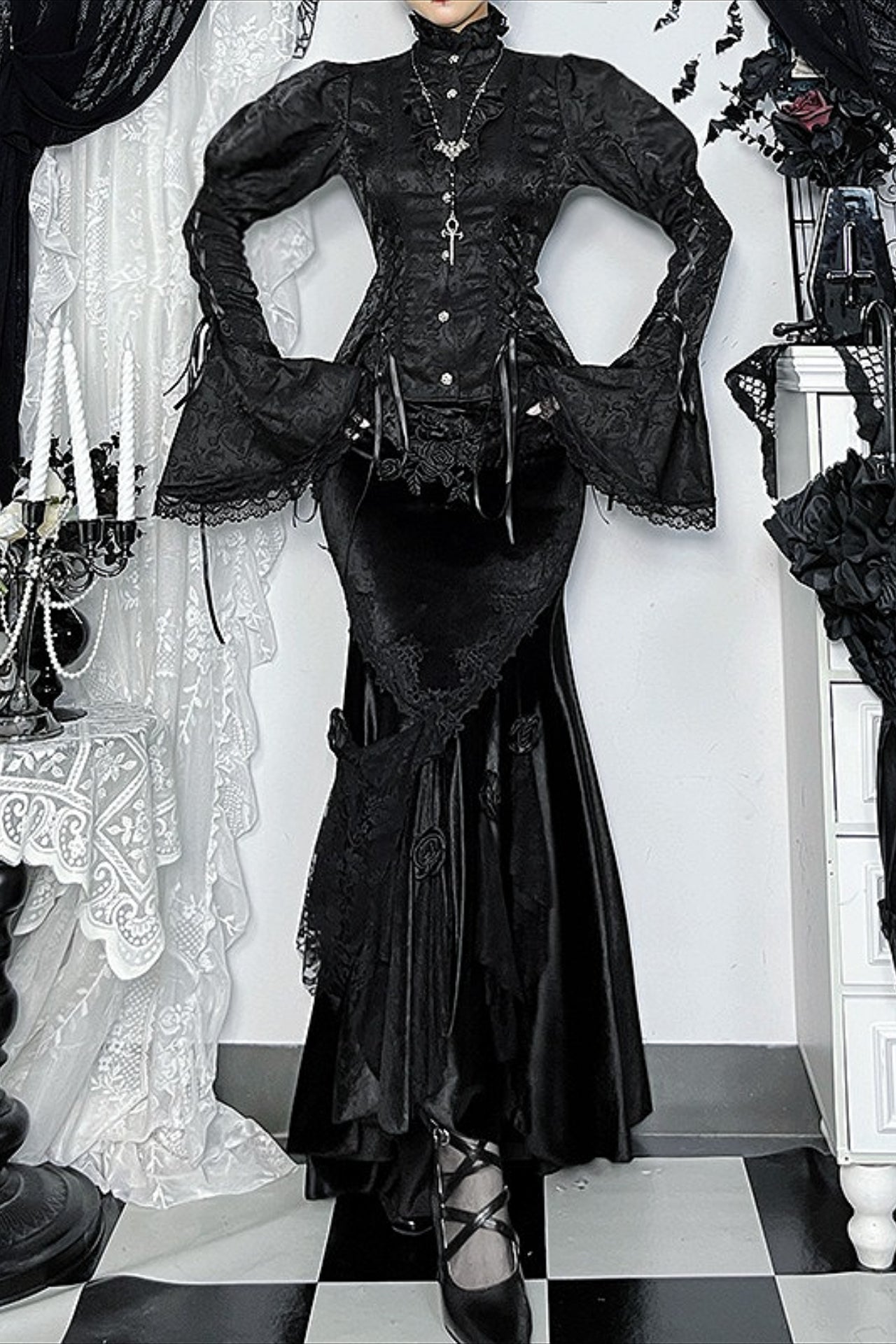 Gothic Bell Sleeve Fitted Blouse
