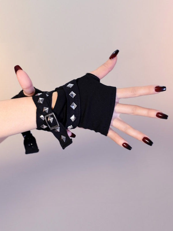 Edgy Subculture Rivet Tie Short Wrist Gloves Main image