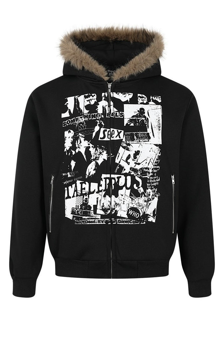 Graphic Panel Fluffy Trim Hoodies