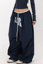 Layered Waistband Baggy Drawstring Pants