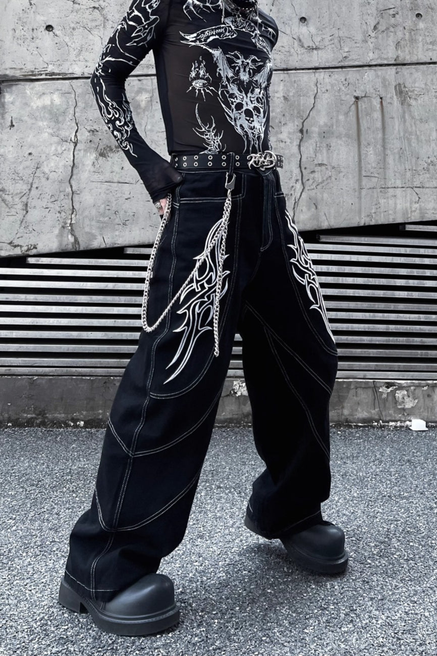 Embroidered Contrast-Stitch Wide-Leg Jeans