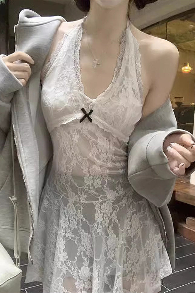 Sheer Lace Halter Slim Layering Mini Dress