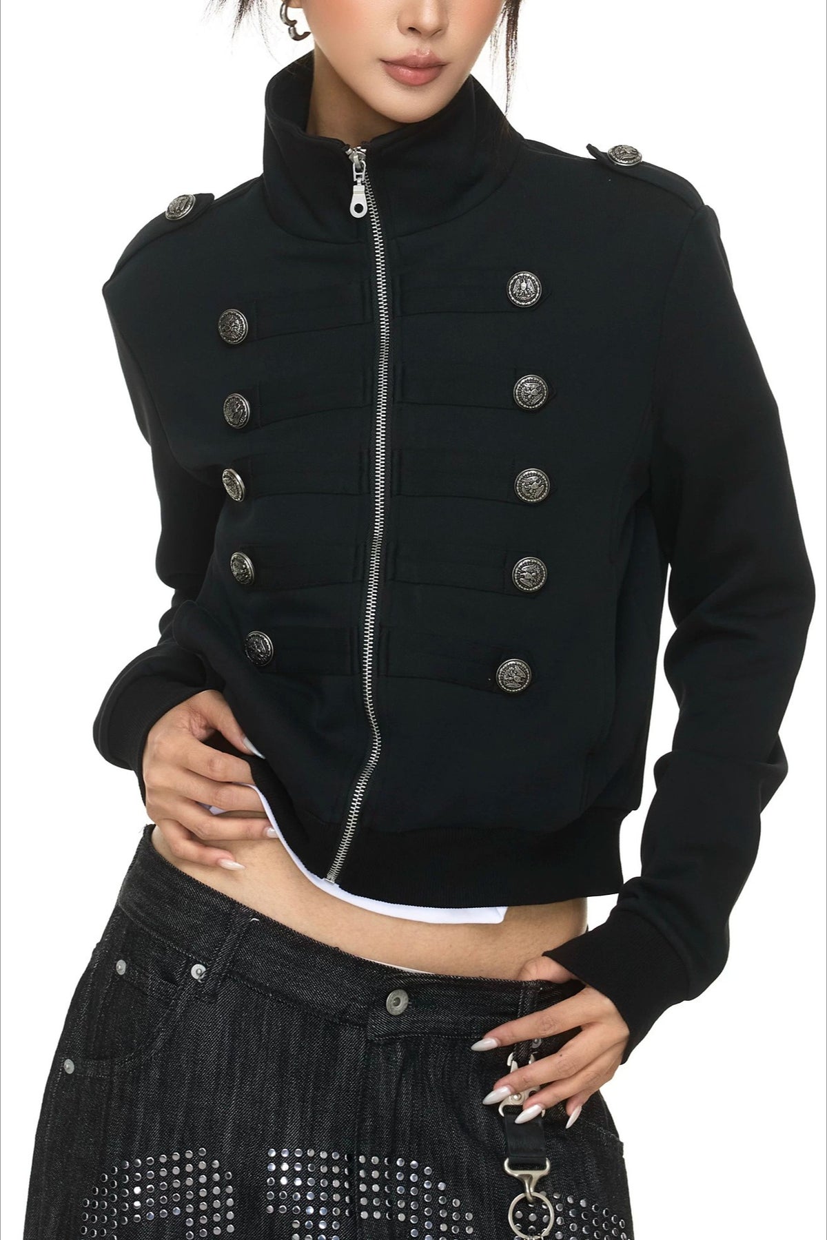 Military Button Trim Zip Jackets