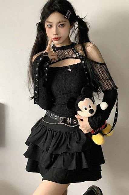 Mesh Cutout Top And Tiered Skirt Set