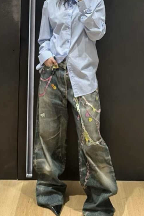 Punk Heavy Chain Print Floor-Length Denim Pants Secondary image