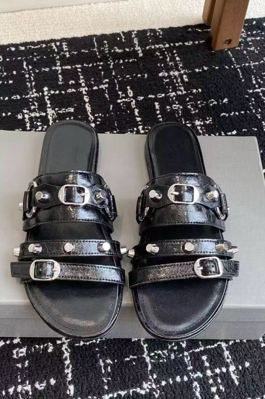Multi-Buckle Studded Flat Slides