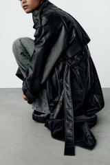 Belted Faux Leather Oversized Long Trench Coat