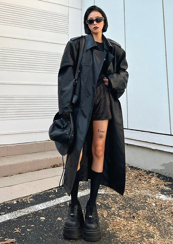 Loose Fit Long PU Leather Long Coat Main image