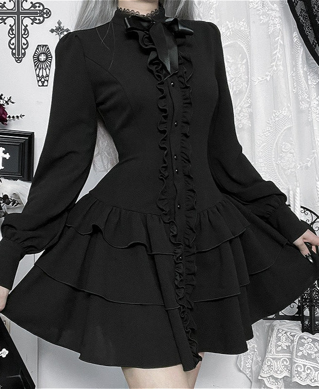 Gothic Black Ruffled Mini Dress