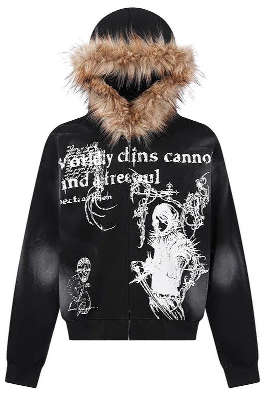 Gothic Dagger Graphic Tan Fur Trim Zip Hoodie Main image