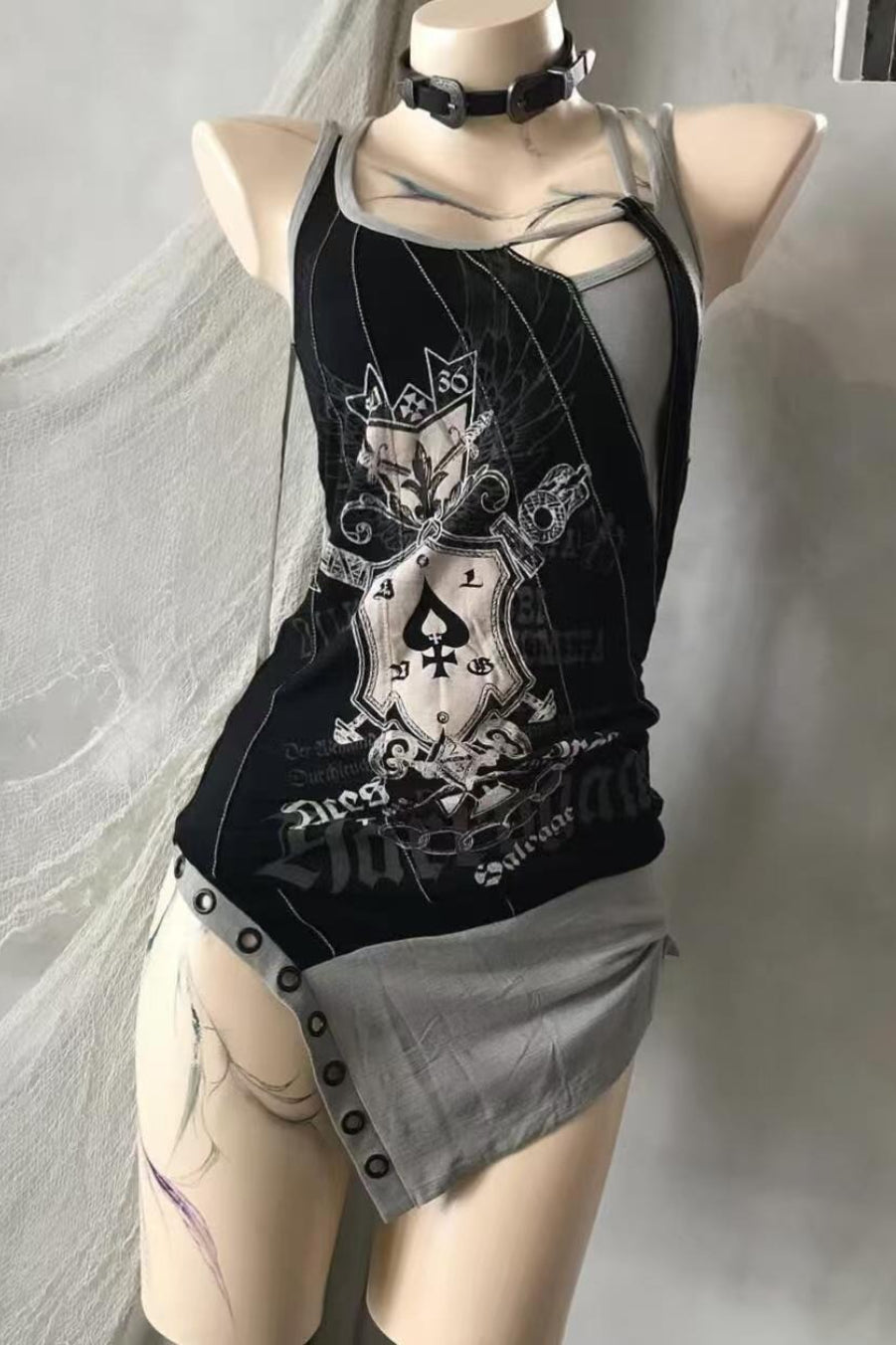 Black Gray Spade Graphic Asymmetric Mini Dress Secondary image