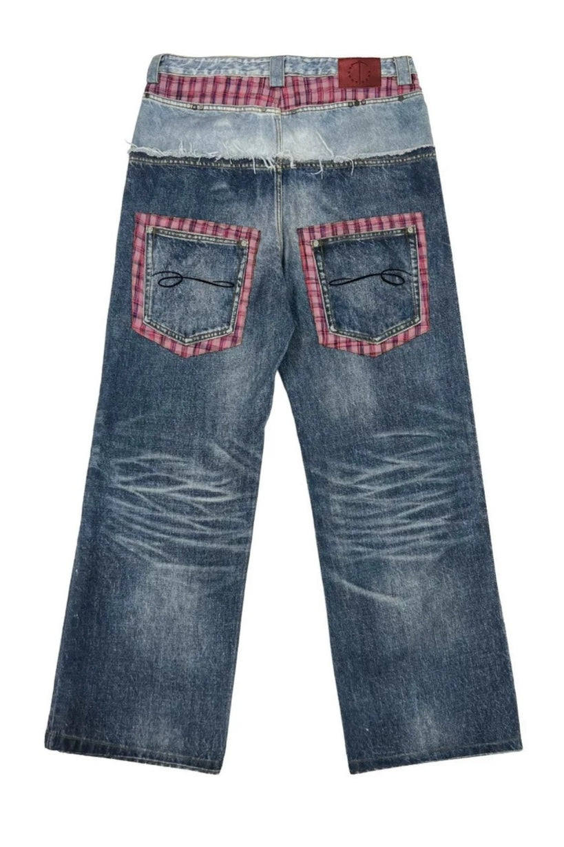 Plaid Double Waist Denim Pants
