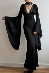Gothic Batwing Sleeve Lace Backless Maxi Dress