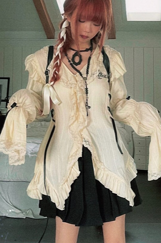 Lace Trim Embroidered Bow Detail Blouse Secondary image