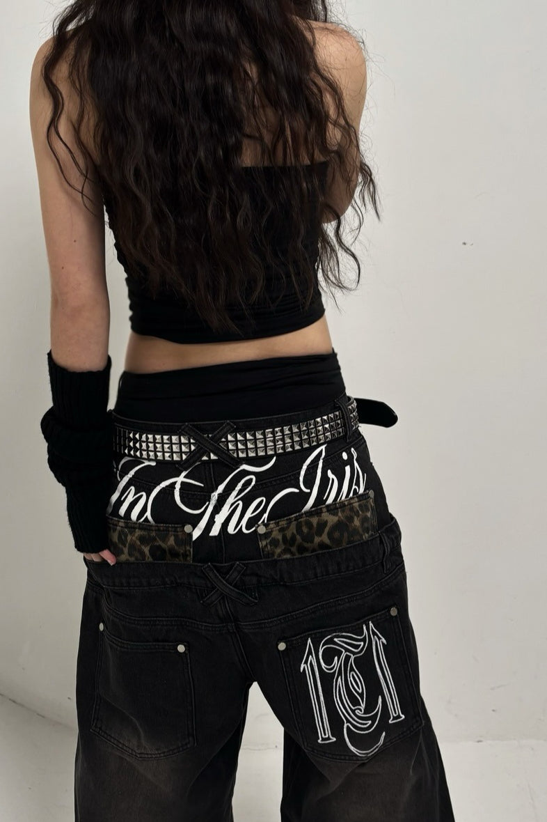 Leopard Panel Wide-Leg Jeans