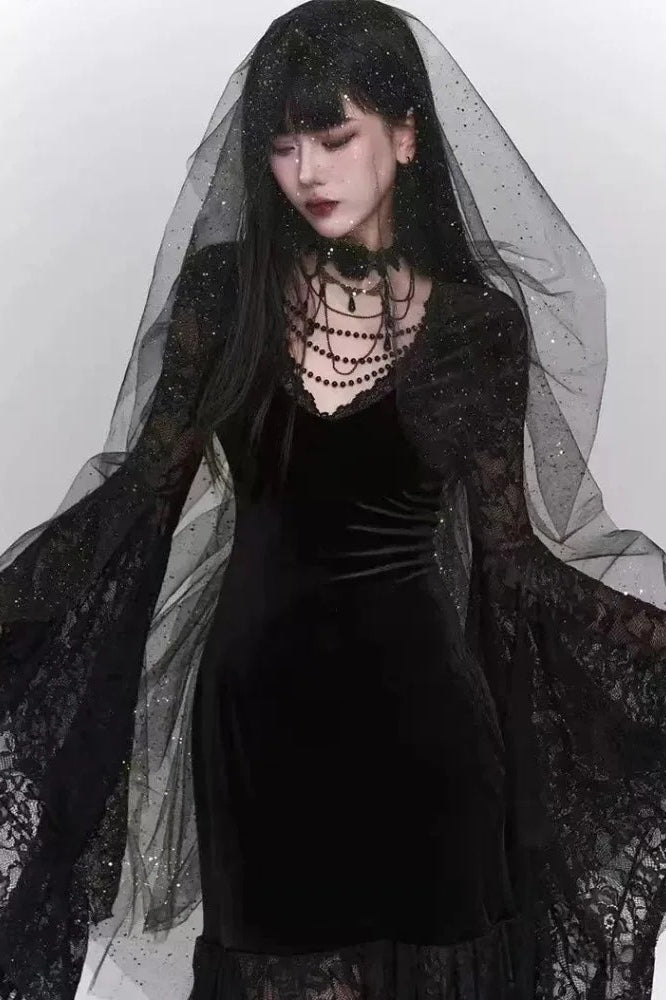 Gothic Lace Patchwork Flare Sleeve Maxi Dress Main image