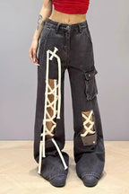 Lace Up Pocket Wide Leg Cargo Jeans