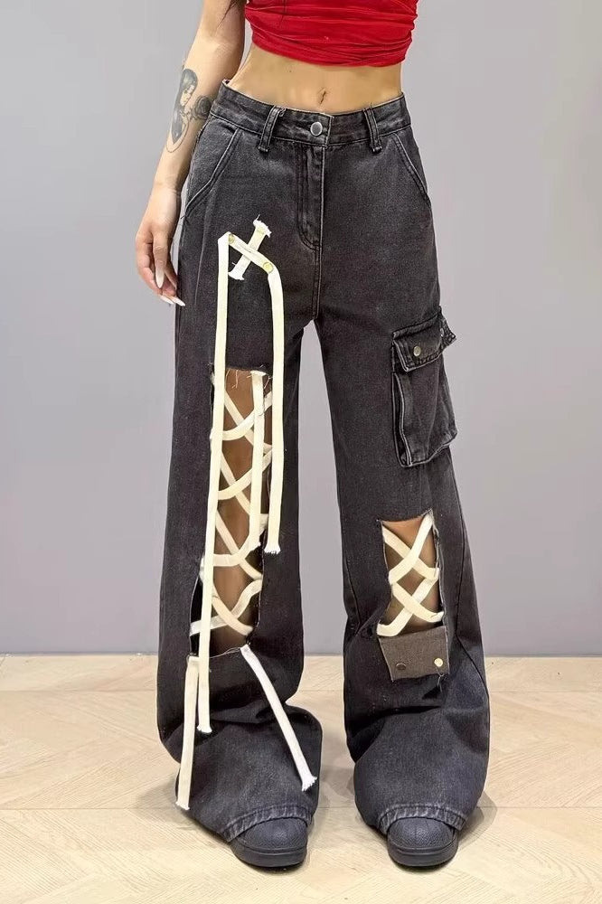 Lace Up Pocket Wide Leg Cargo Jeans