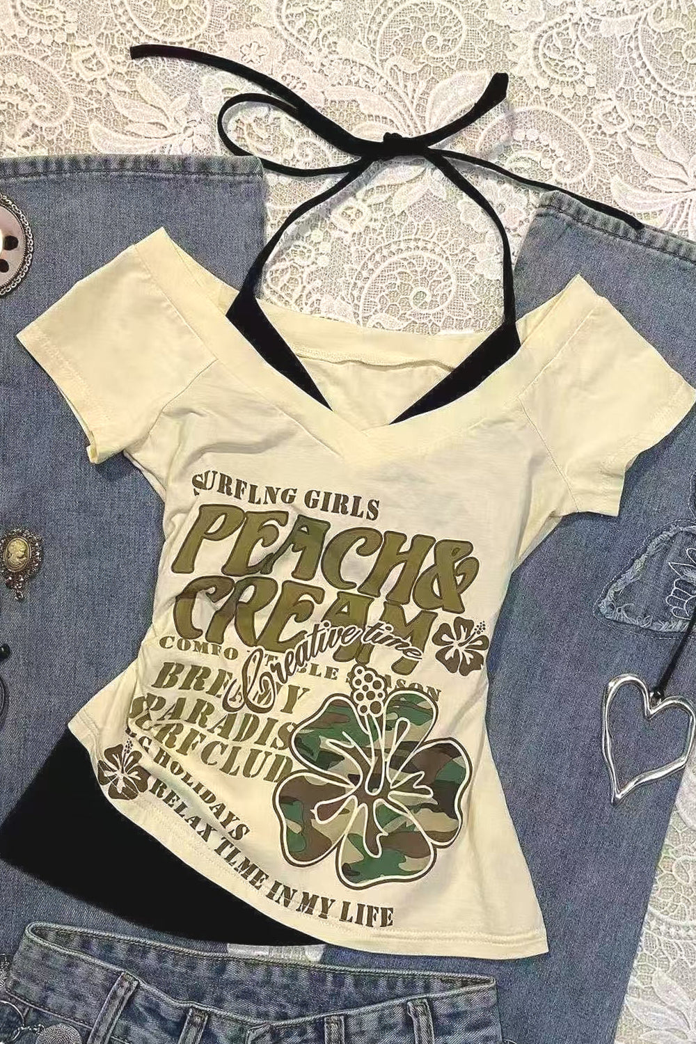 Y2K Vintage Printed Halter V Neck T Shirt Main image