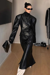 Fitted Shoulder Pad Leather Long Coat