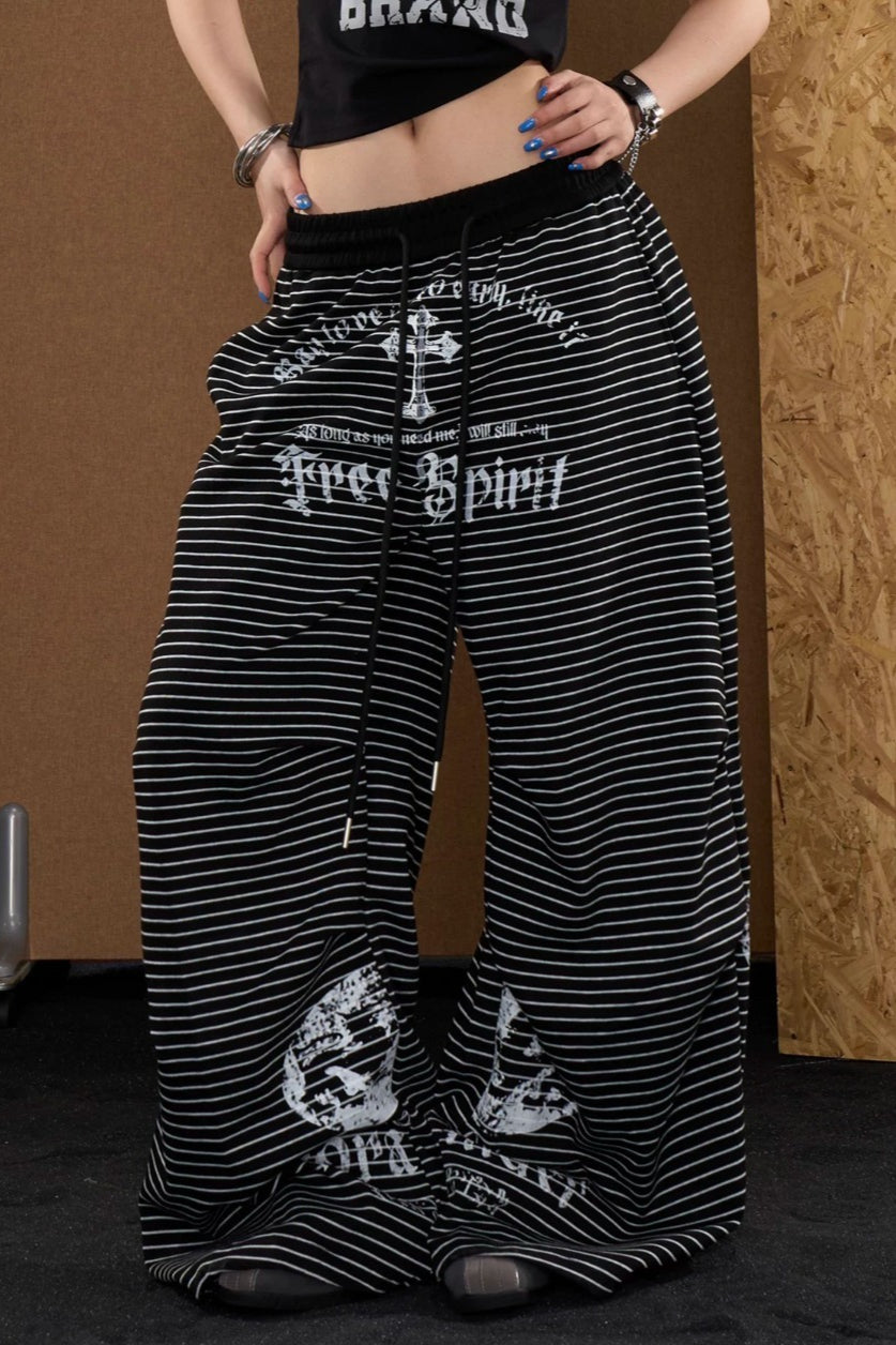 Striped Ornate Print Wide Pants