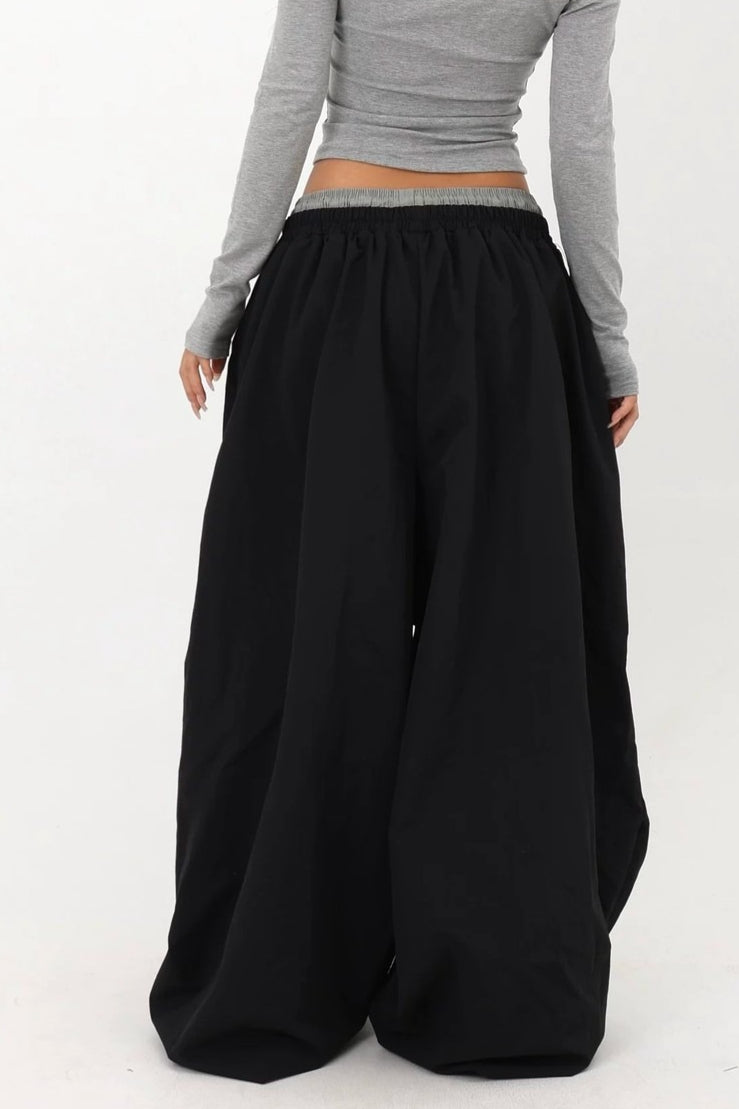 Layered Waistband Baggy Drawstring Pants