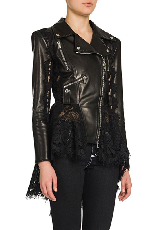 Lace Panel Fitted Moto Leather Jacket