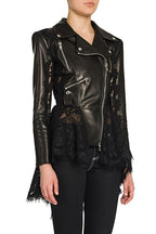 Lace Panel Fitted Moto Leather Jacket