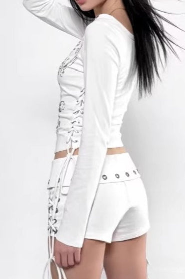 Y2K Graphic Long Sleeve Top And Shorts Set Secondary image