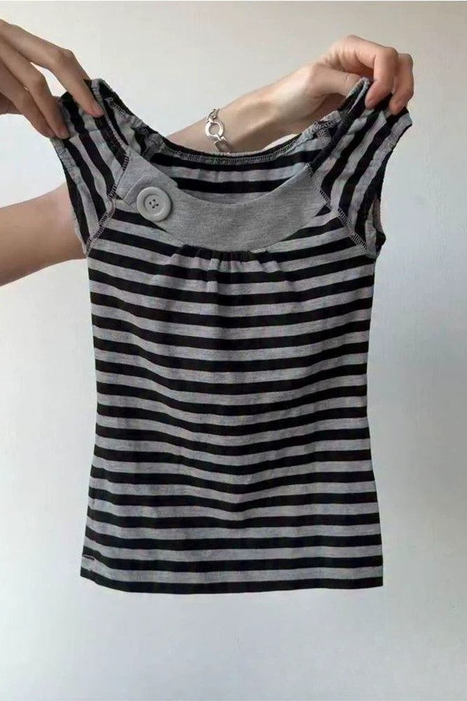Black White Striped One Shoulder Button Ruched Slim T-shirt Main image