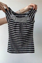 Black White Striped One Shoulder Button Ruched Slim T-shirt