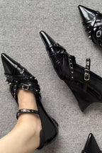 Studded Strap Pointed Wedge Shoes