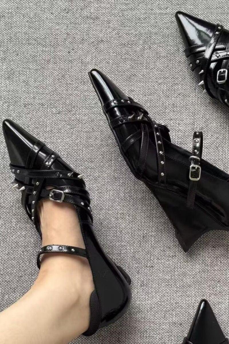 Studded Strap Pointed Wedge Shoes