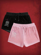 Punk Drawstring Rhinestone Printed Shorts