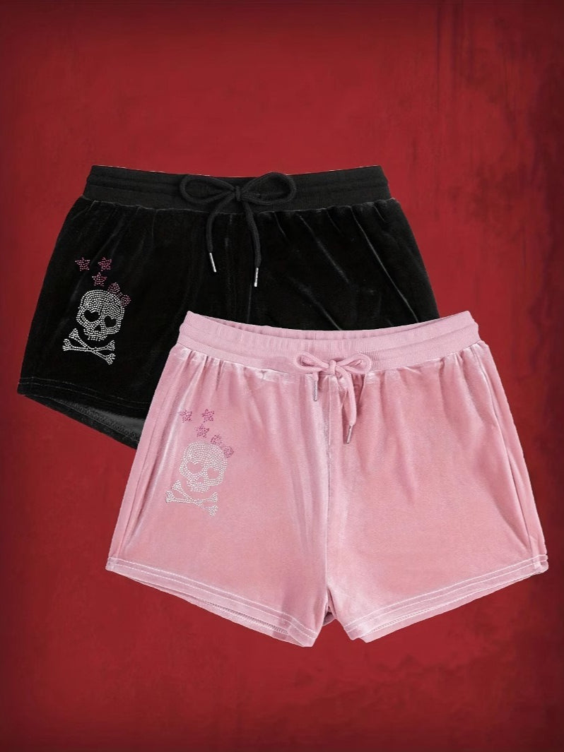 Punk Drawstring Rhinestone Printed Shorts
