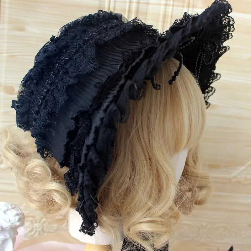 Handmade Gothic Bonnet Black Lace Lolita Flat Hat Secondary image