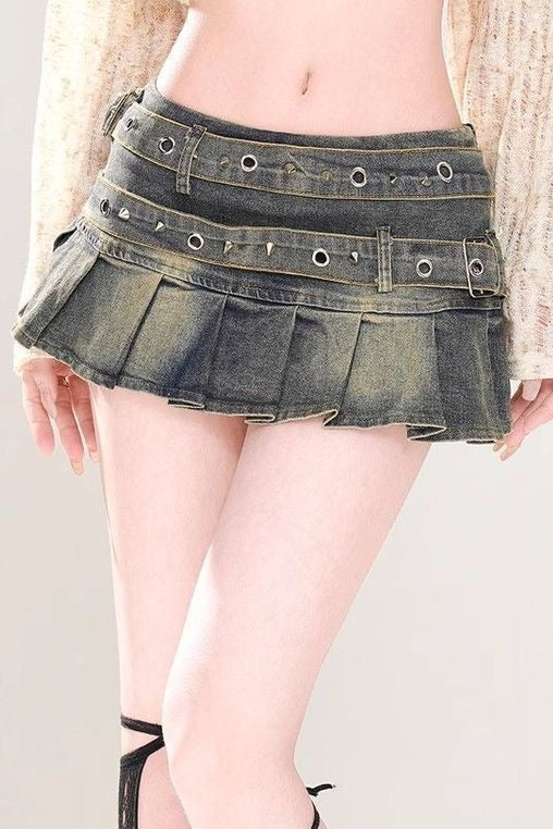 Studded Belt Pleated Denim Mini Skirt