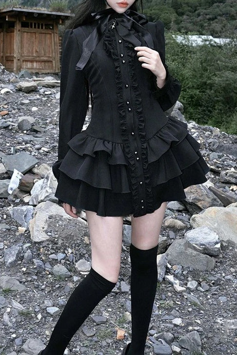 Black Gothic Lace O Neck Long Sleeve Slim Lolita Mini Dress Main image