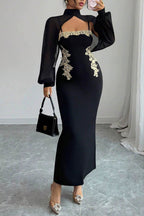 Gold Tone Floral Trim Maxi Dress