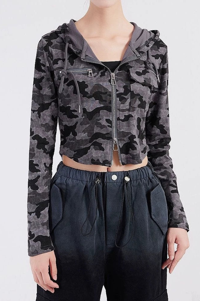 Camouflage Double Zip Cropped Hoodies